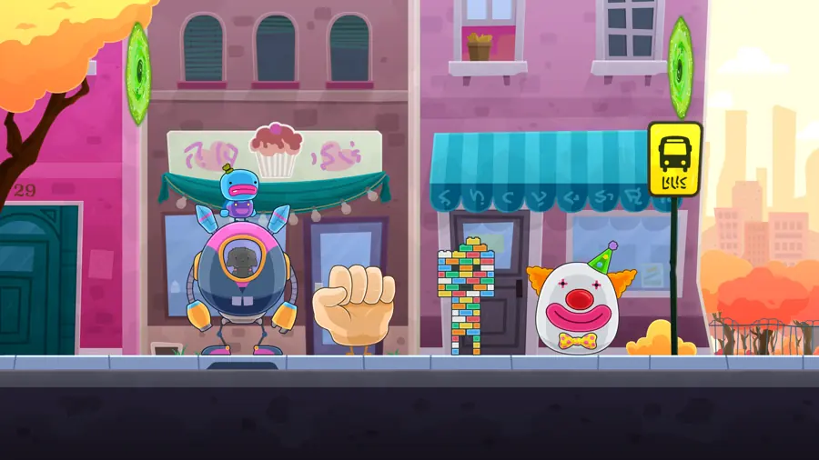 Scena a fumetto di una strada cittadina con negozi rosa e azzurri, un robot, un pupazzo con la faccia da clown e una grossa mano gialla chiusa a pugno posati come elementi separati lungo il marciapiede.