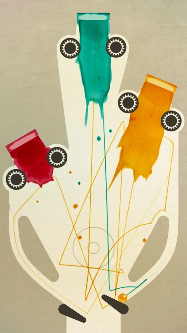 Un tavolo da flipper stilizzato su fondo grigio chiaro, con tre grandi macchie di vernice rossa, verde acqua e arancione colate dai respingenti e sottili linee arancioni che tracciano il percorso della pallina.