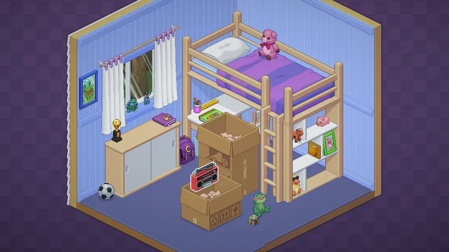 Una cameretta vista di tre quarti in pixel art: un letto a castello, una libreria, e due scatoloni di cartone aperti sul pavimento con dentro un registratore e altri oggetti ancora da sistemare.